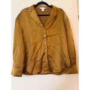 Rachel Zoe Satin Silk Button Up Shirt Top Gold Metallic Long Sleeve Women S